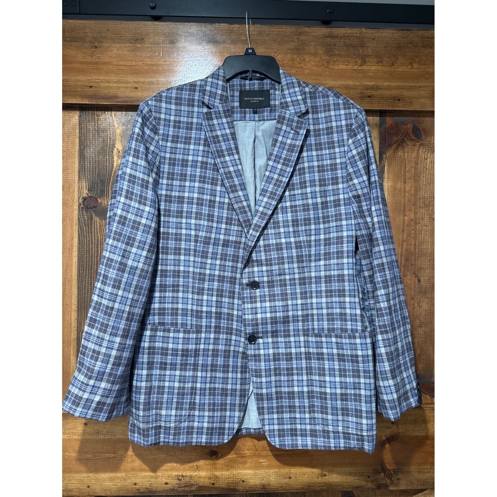 Banana Republic Tailored Fit 100% Linen Plaid Blazer Sport Coat Blue Brown 44R